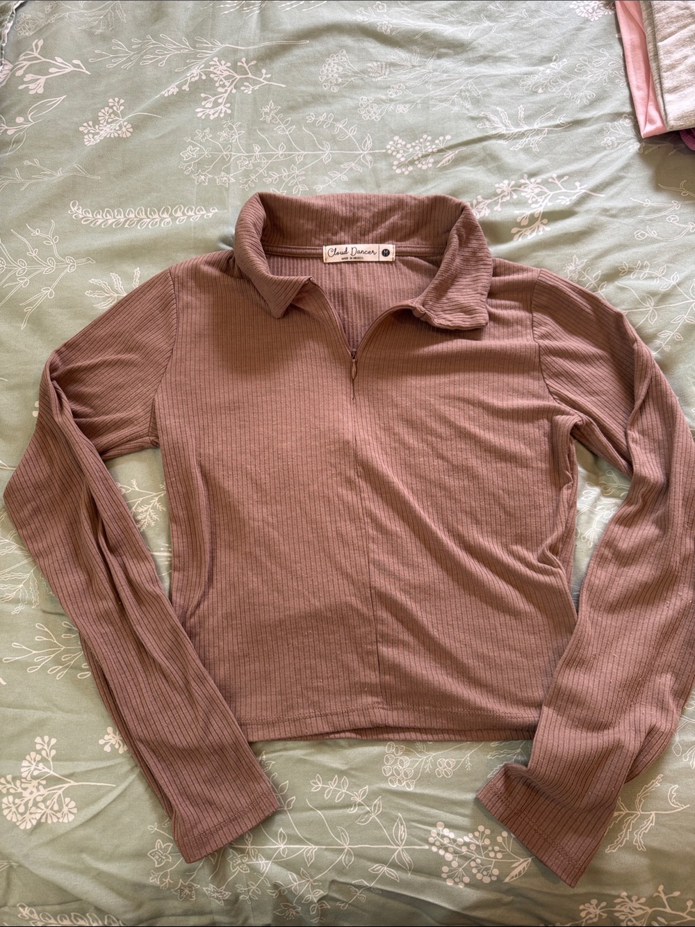 Chelsea & Violet Ribbed Quarter-Zip Long Sleeve Top - Mauve